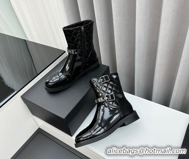 Purchase Chanel Patent Leather Ankle Boots with Buckle Black 201015