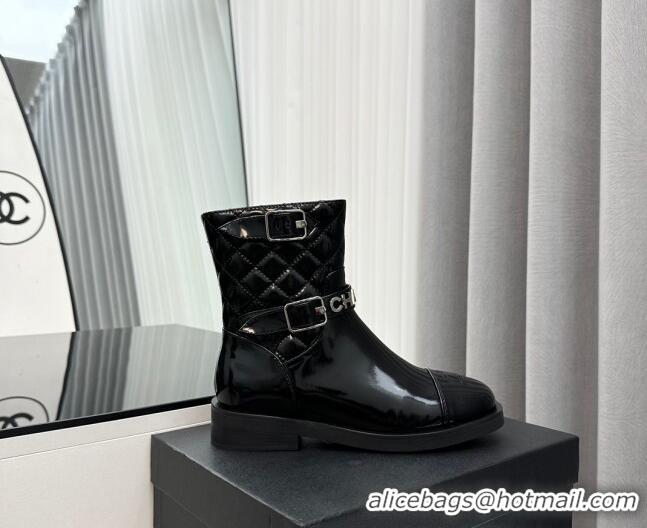 Purchase Chanel Patent Leather Ankle Boots with Buckle Black 201015