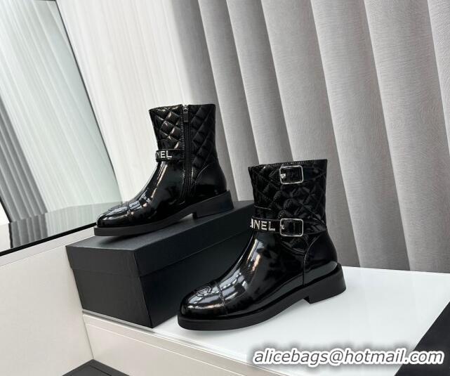 Purchase Chanel Patent Leather Ankle Boots with Buckle Black 201015