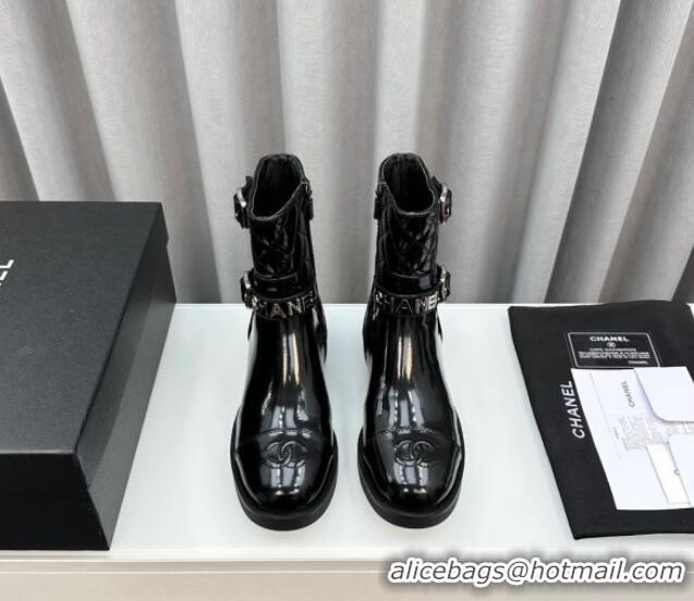 Purchase Chanel Patent Leather Ankle Boots with Buckle Black 201015