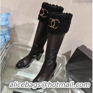 Popular Style Chanel Calfskin & Shearling High Boots 9cm Black 201017