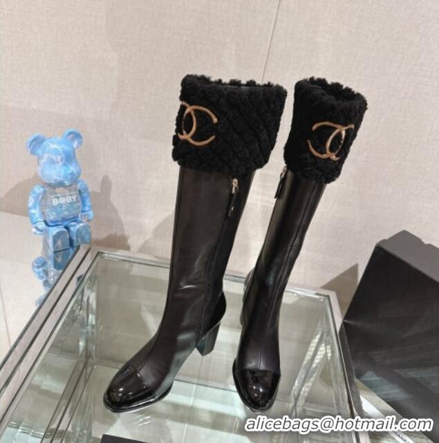 Popular Style Chanel Calfskin & Shearling High Boots 9cm Black 201017