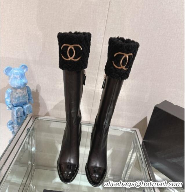 Popular Style Chanel Calfskin & Shearling High Boots 9cm Black 201017