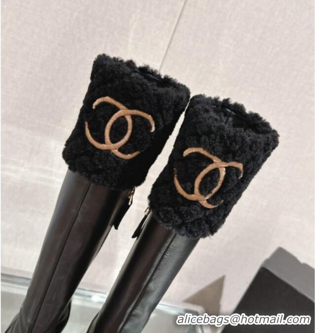 Popular Style Chanel Calfskin & Shearling High Boots 9cm Black 201017