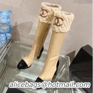 Luxury Cheap Chanel Calfskin & Shearling High Boots 9cm Nude 201018