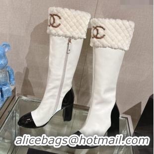 Luxury Chanel Calfskin & Shearling High Boots 9cm White 201019