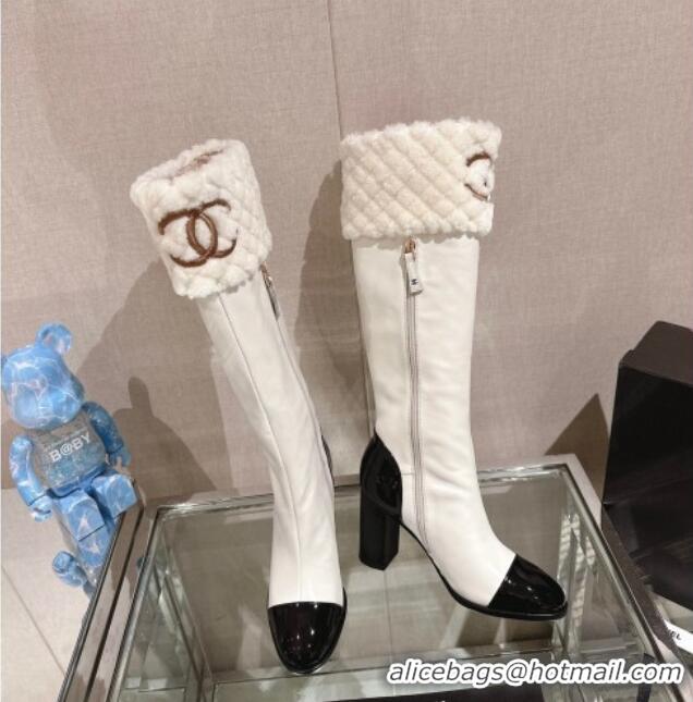 Luxury Chanel Calfskin & Shearling High Boots 9cm White 201019