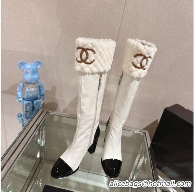 Luxury Chanel Calfskin & Shearling High Boots 9cm White 201019