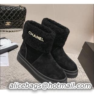 Grade Chanel Suede & Shearling Flat Ankle Boots Black 201020