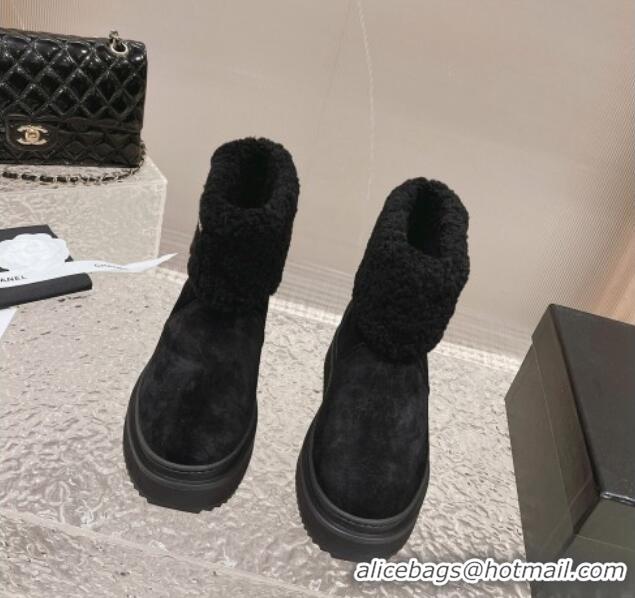 Grade Chanel Suede & Shearling Flat Ankle Boots Black 201020