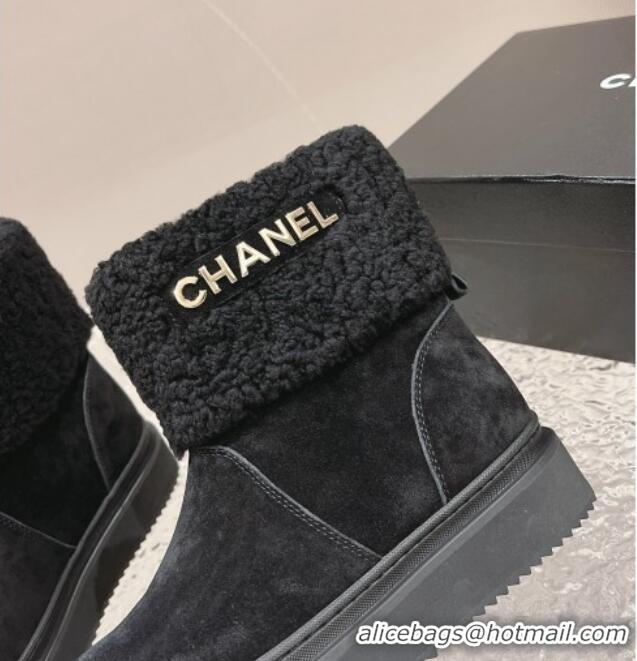 Grade Chanel Suede & Shearling Flat Ankle Boots Black 201020