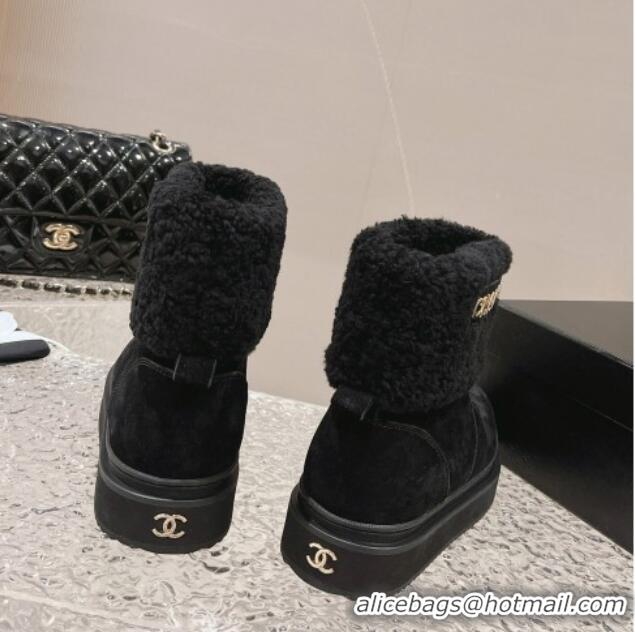 Grade Chanel Suede & Shearling Flat Ankle Boots Black 201020