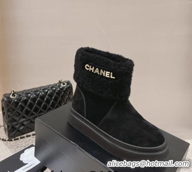 Grade Chanel Suede & Shearling Flat Ankle Boots Black 201020