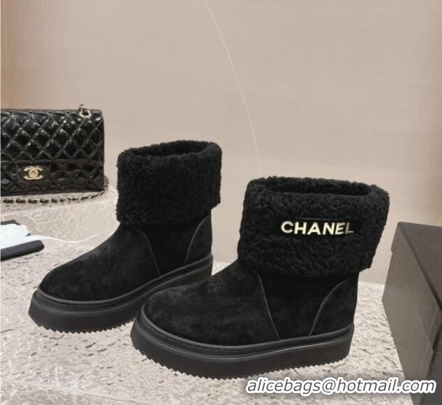 Grade Chanel Suede & Shearling Flat Ankle Boots Black 201020