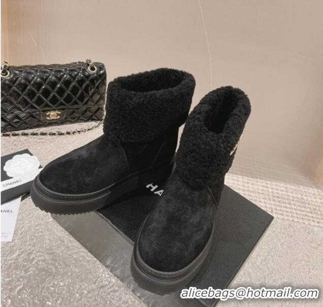 Grade Chanel Suede & Shearling Flat Ankle Boots Black 201020