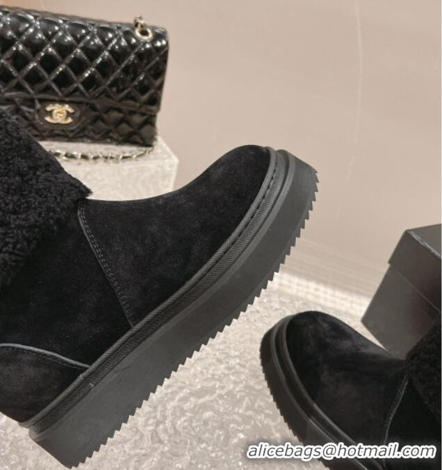 Grade Chanel Suede & Shearling Flat Ankle Boots Black 201020