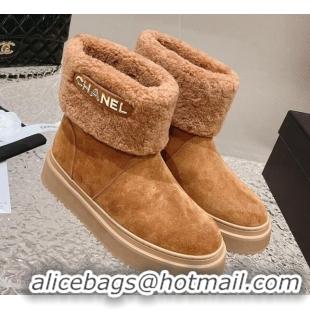 Sumptuous Chanel Suede & Shearling Flat Ankle Boots Brown 201021