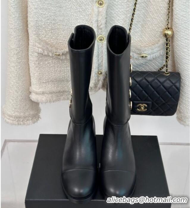 Lower Price Chanel Calfskin Medium Boots with Buttons Black 201022