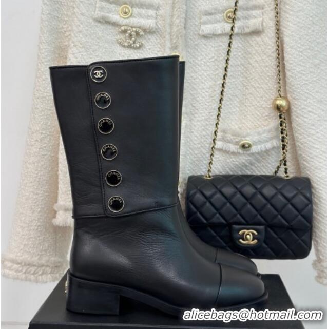 Lower Price Chanel Calfskin Medium Boots with Buttons Black 201022