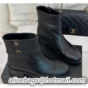 Sophisticated Chanel Calfskin Ankle Boots with Buttons Black 201023