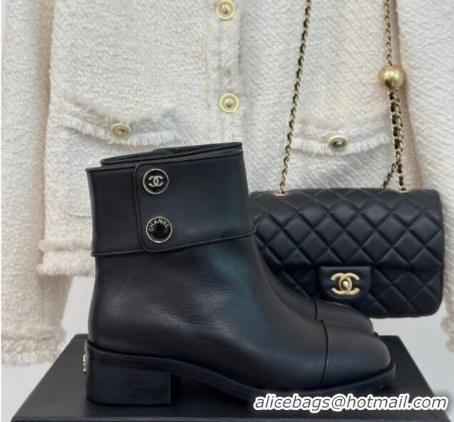 Sophisticated Chanel Calfskin Ankle Boots with Buttons Black 201023