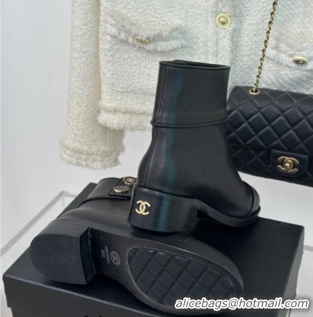 Sophisticated Chanel Calfskin Ankle Boots with Buttons Black 201023