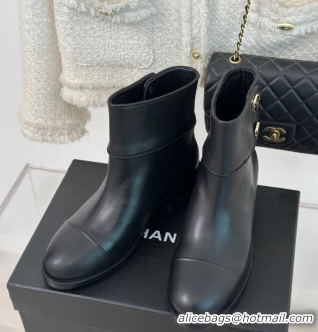 Sophisticated Chanel Calfskin Ankle Boots with Buttons Black 201023