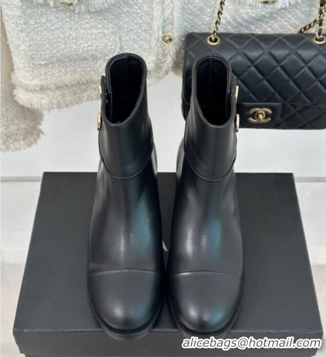 Sophisticated Chanel Calfskin Ankle Boots with Buttons Black 201023