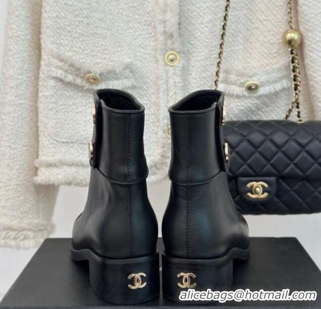 Sophisticated Chanel Calfskin Ankle Boots with Buttons Black 201023