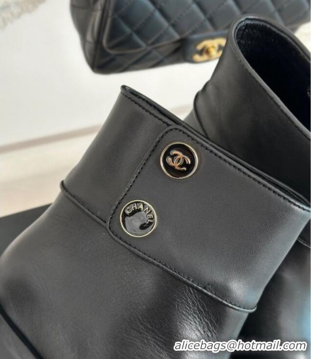 Sophisticated Chanel Calfskin Ankle Boots with Buttons Black 201023