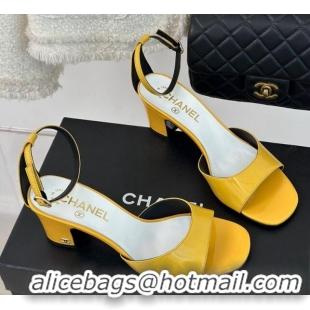 Top Design Chanel Patent Calfskin Heel Sandals 6cm Yellow 201024