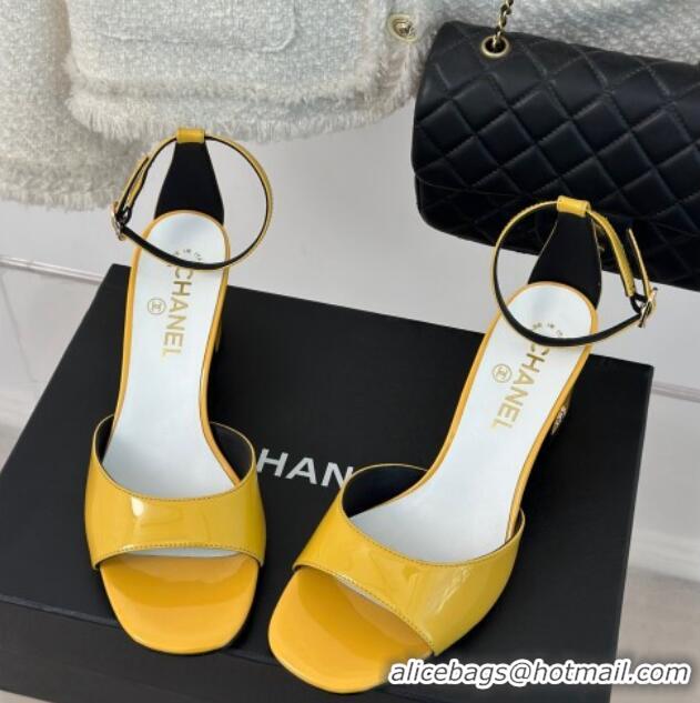 Top Design Chanel Patent Calfskin Heel Sandals 6cm Yellow 201024