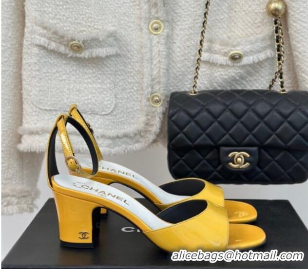 Top Design Chanel Patent Calfskin Heel Sandals 6cm Yellow 201024