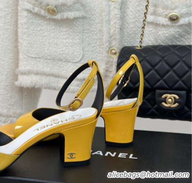 Top Design Chanel Patent Calfskin Heel Sandals 6cm Yellow 201024