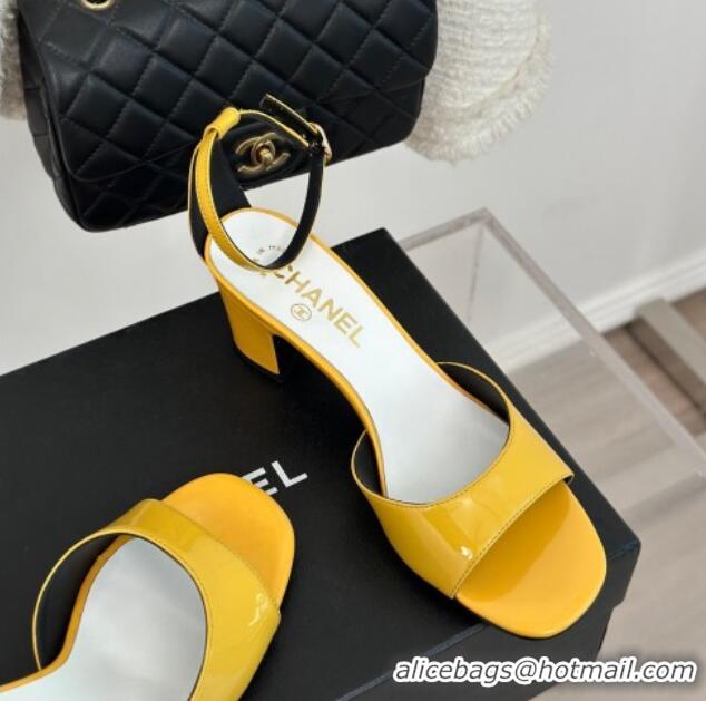 Top Design Chanel Patent Calfskin Heel Sandals 6cm Yellow 201024