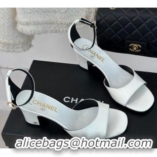 Duplicate Chanel Patent Calfskin Heel Sandals 6cm White 201025