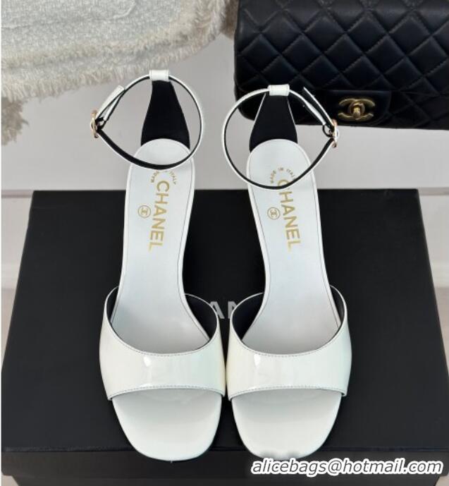 Duplicate Chanel Patent Calfskin Heel Sandals 6cm White 201025