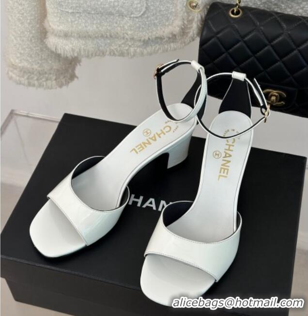 Duplicate Chanel Patent Calfskin Heel Sandals 6cm White 201025