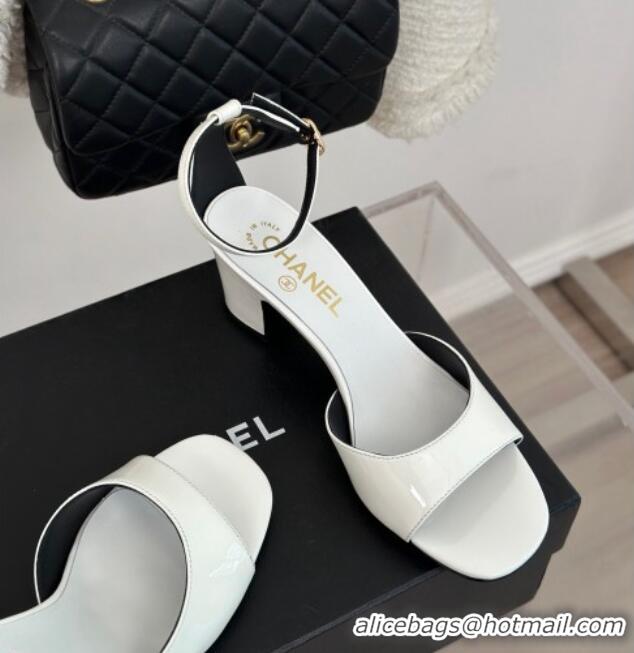 Duplicate Chanel Patent Calfskin Heel Sandals 6cm White 201025