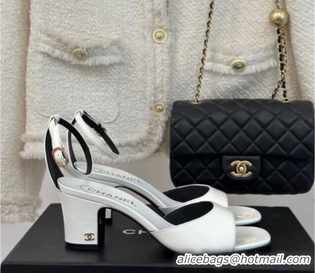 Duplicate Chanel Patent Calfskin Heel Sandals 6cm White 201025