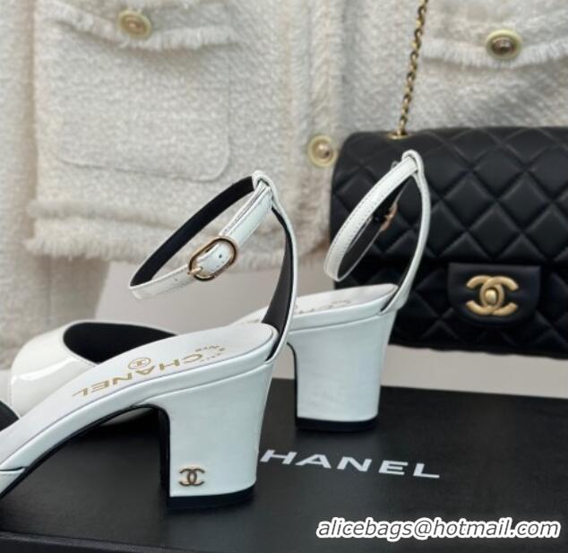 Duplicate Chanel Patent Calfskin Heel Sandals 6cm White 201025