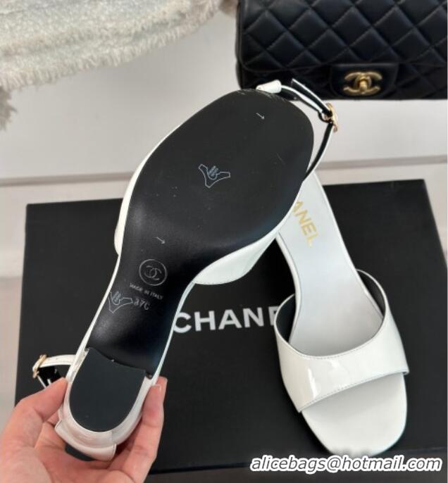 Duplicate Chanel Patent Calfskin Heel Sandals 6cm White 201025