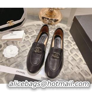 Buy Luxury Chanel Lambskin Loafers with Pearls CC Black 201032