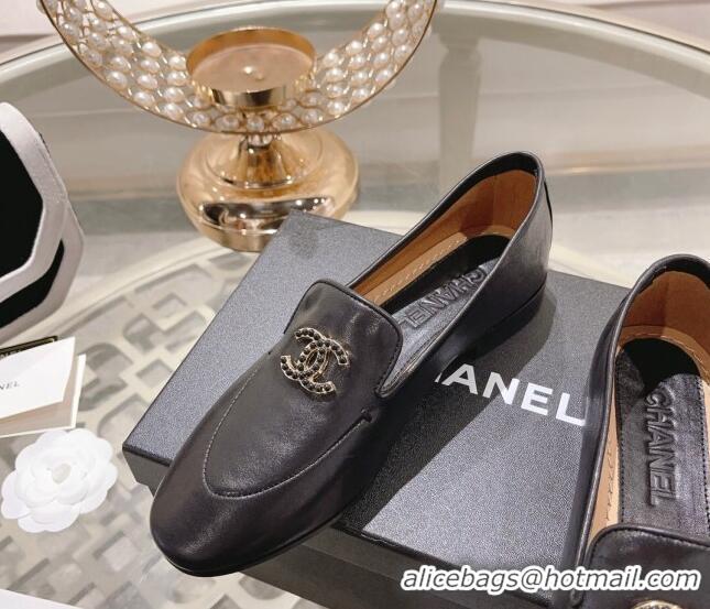 Buy Luxury Chanel Lambskin Loafers with Pearls CC Black 201032