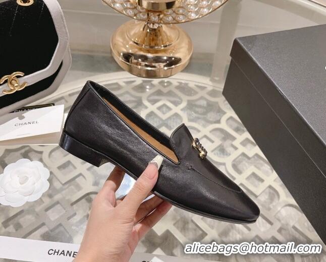 Buy Luxury Chanel Lambskin Loafers with Pearls CC Black 201032