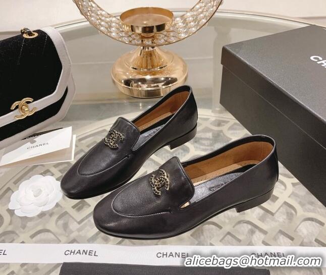 Buy Luxury Chanel Lambskin Loafers with Pearls CC Black 201032