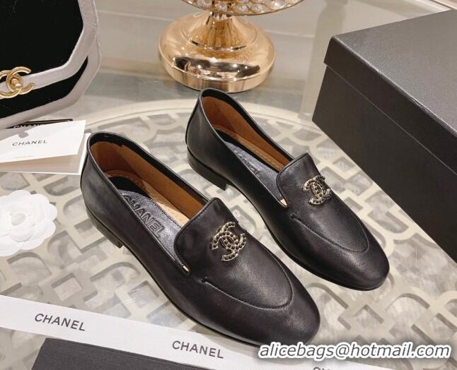 Buy Luxury Chanel Lambskin Loafers with Pearls CC Black 201032