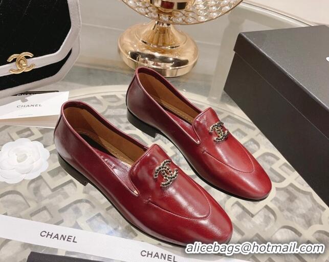 Perfect Chanel Lambskin Loafers with Pearls CC Red 201033