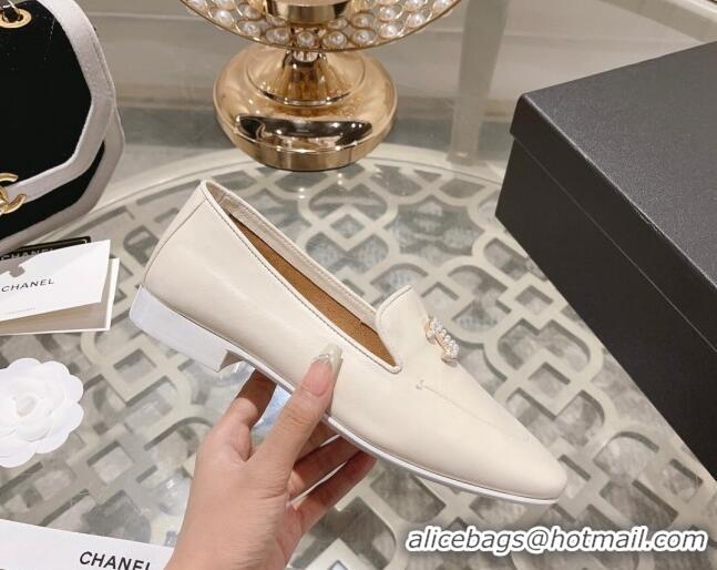 Stylish Chanel Lambskin Loafers with Pearls CC White 201034