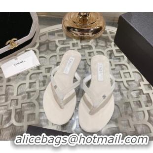 Generous Chanel Velvet Flat Thong Slide Sandals with Crystal CC White 201035